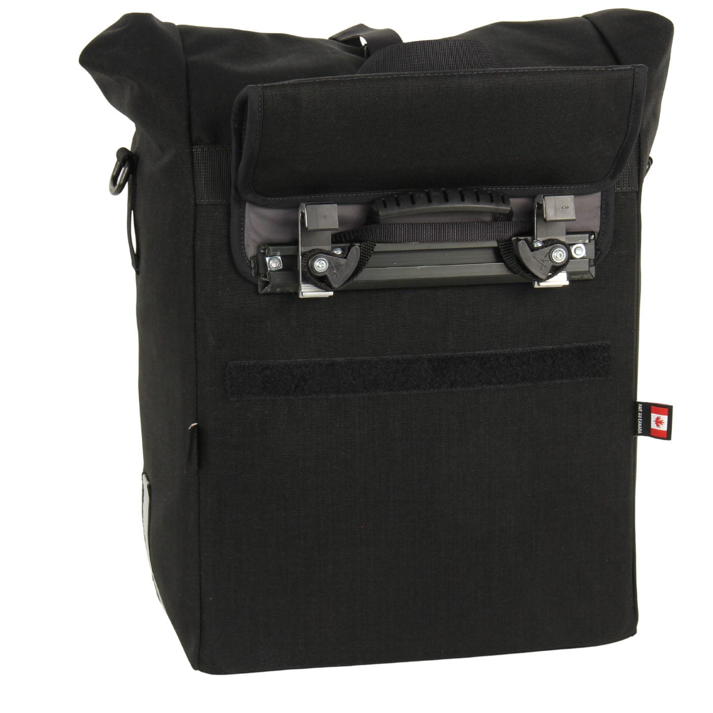Signature V waterproof urban laptop pannier with Cam-Lock padded flap folded up ready to be mounted to the bike rack