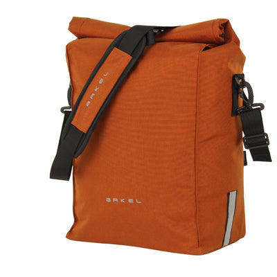 Signature V waterproof urban laptop pannier in Cordura copper color with shoulder strap for off the bike transport