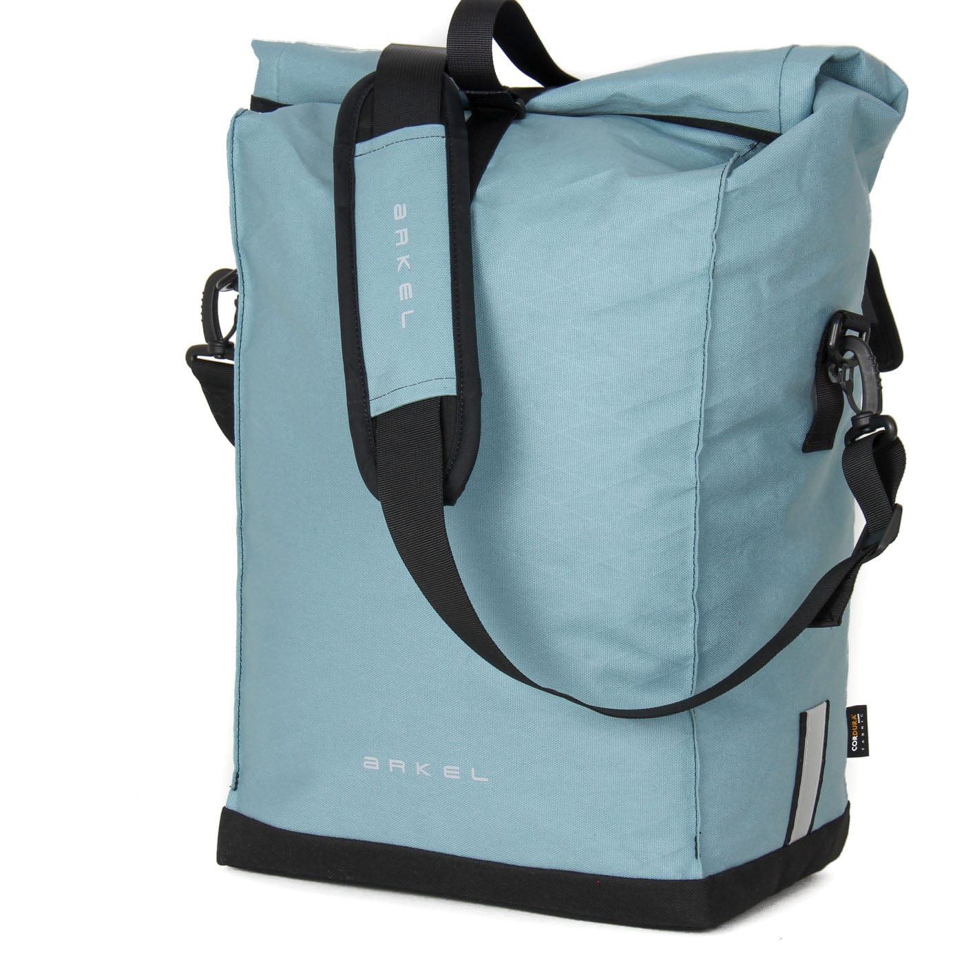 Signature V waterproof urban laptop pannier in Xpac X11 glacier blue color with shoulder strap for off the bike transport